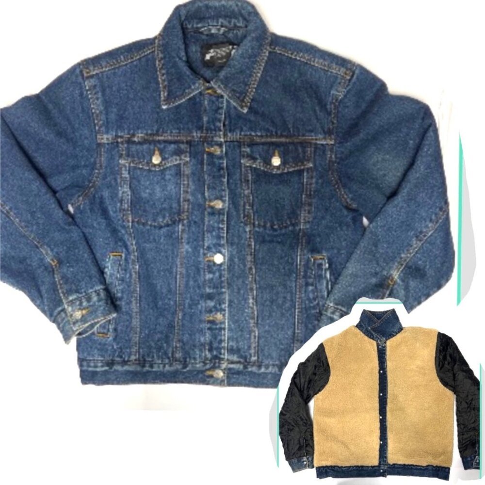PCI By Kenpo Denim & Sherpa Jacket Blue Cotton Blend Jean Jacket Size L